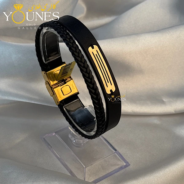 دستبند طلا مردانه چرم گیس بافت مشکی مات